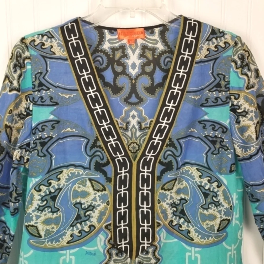 Hale Bob Cabana Silk Cotton Blend Long Sleeve Tunic Top Medium Blue Boho Print
